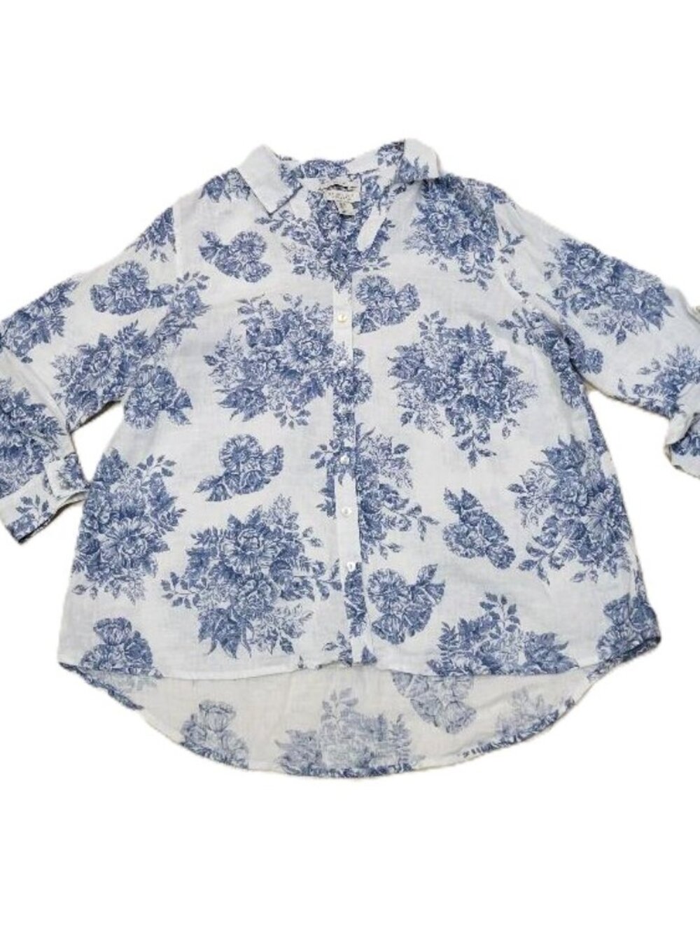 Rachel Zoe Linen Floral Button Down Shirt Womens 1X White Blue Toile Cottagecore